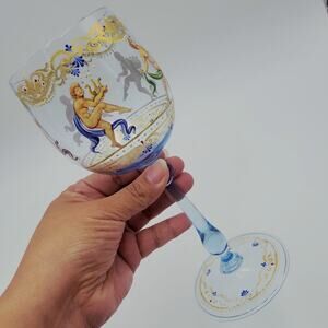 Antique Venetian Salviati Blue Enamel Mythology Wine Glass Hand Painted